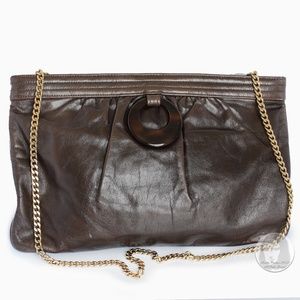 Morris Moskowitz Clutch Shoulder Bag Brown Leather Mod Resin Ring Chain Strap